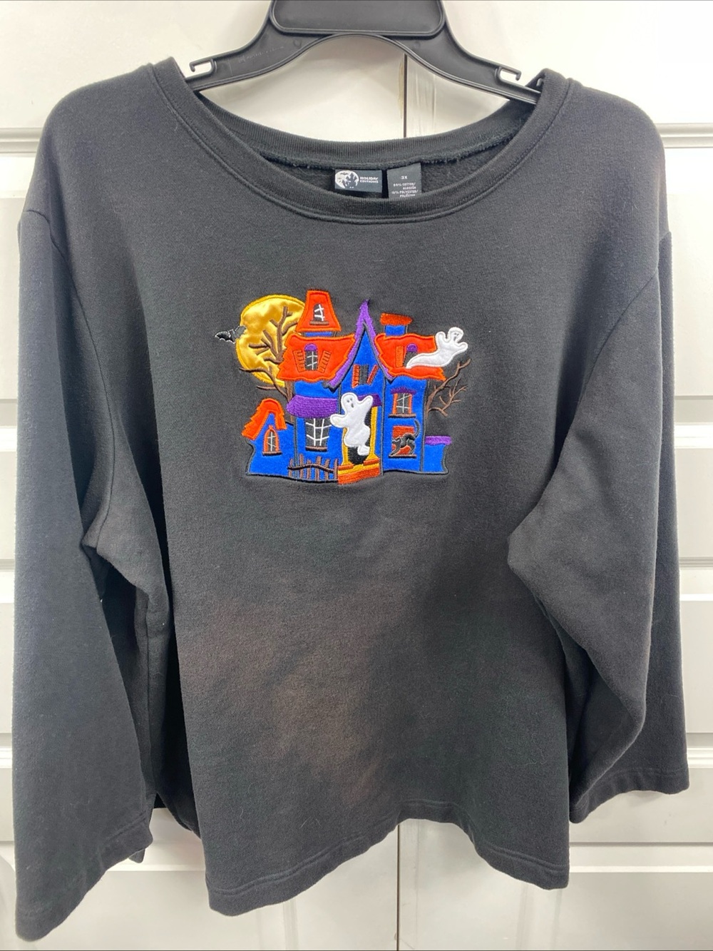 Halloween Sweatshirt Women’s 3X Ghost Haunted House Moon Felt Embroidered Black - Picture 6 of 6